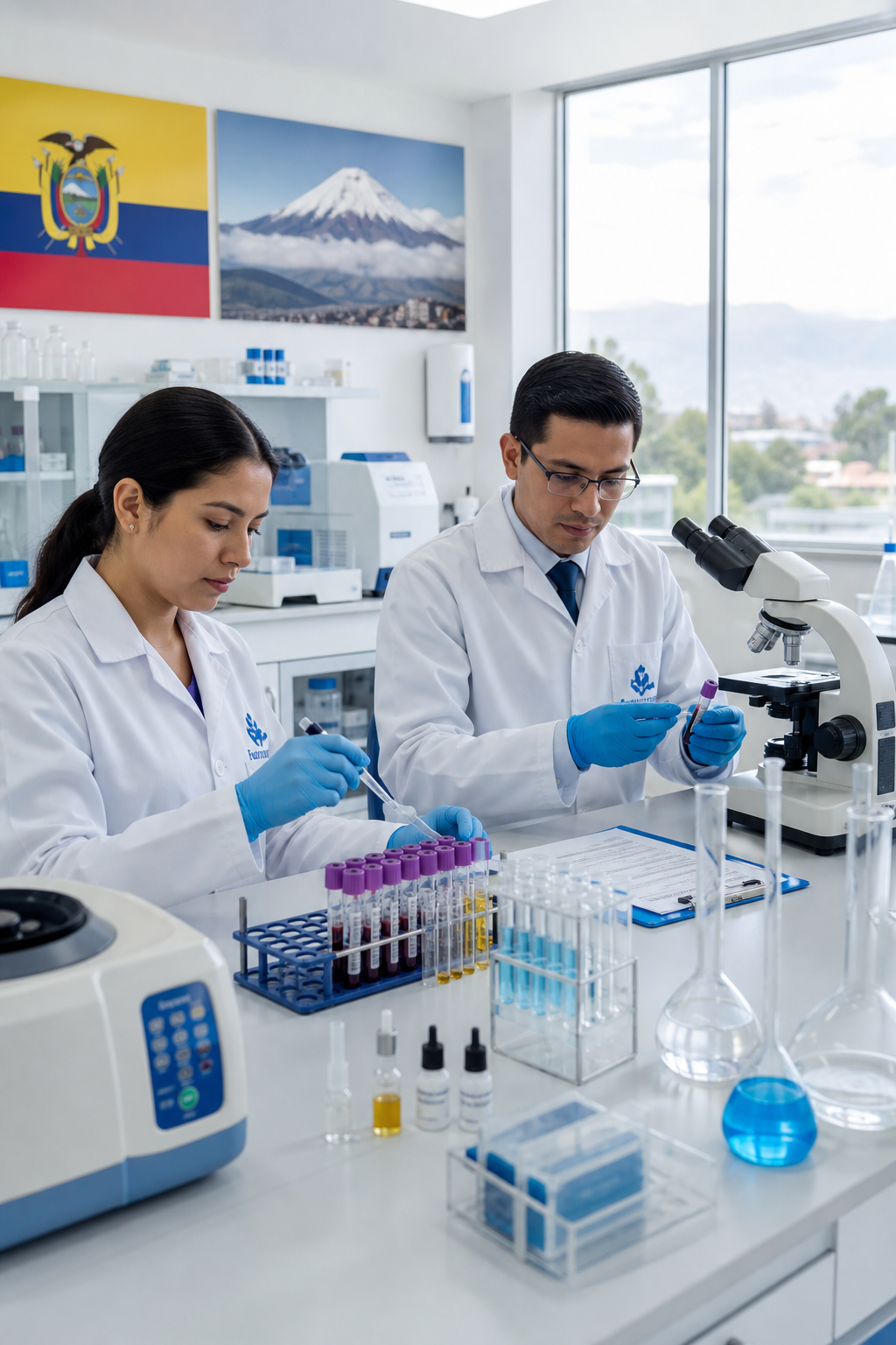 Clean modern laboratory workspace with staff handling diagnostic equipment and sample preparation