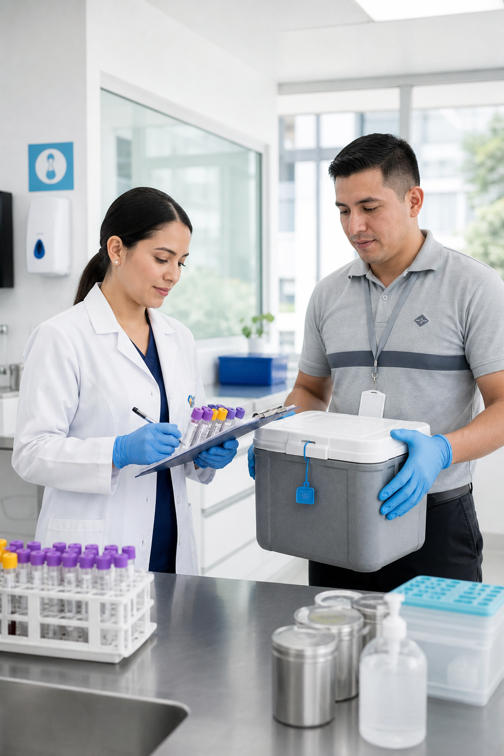 Lab technician coordinating sample pickup and secure transport in a clean medical setting