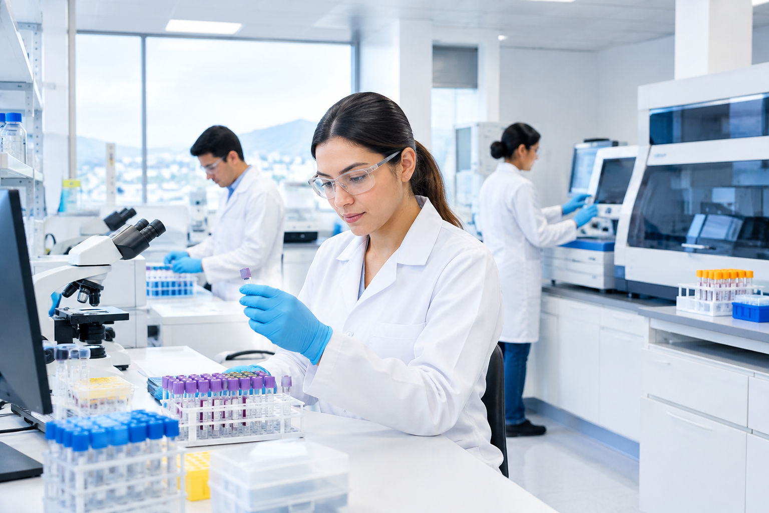 Espacio de trabajo moderno de laboratorio de diagnóstico con técnicos revisando muestras de análisis y equipos de prueba organizados