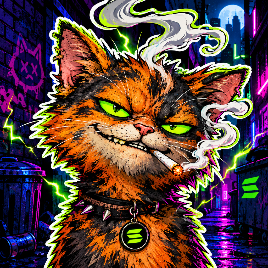 Sticker-style alley cat with singed orange fur, cigarette smoke spirals, and neon spark eyes