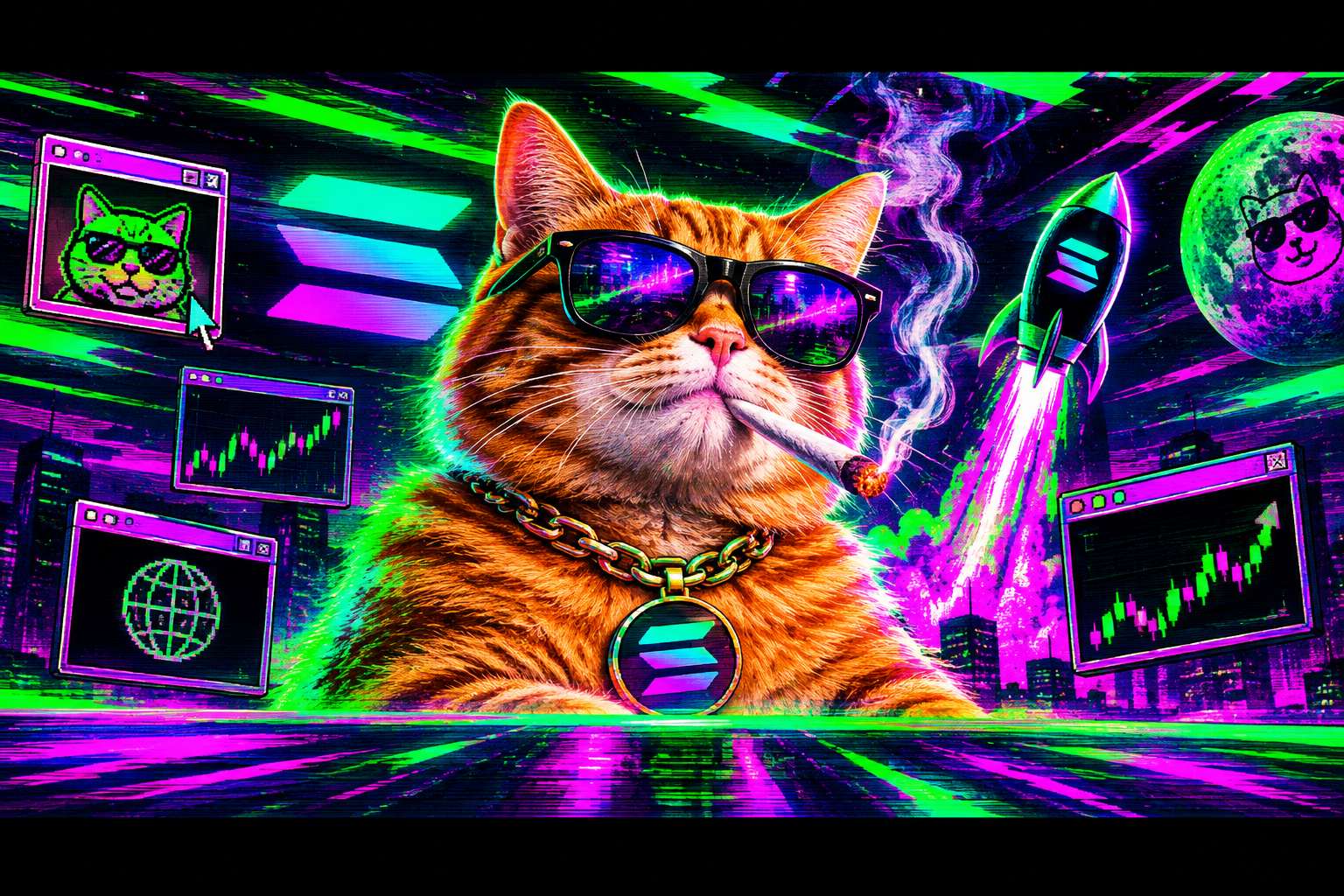 Wide neon meme billboard showing a smoking cat with Solana glitch accents and retro internet energy