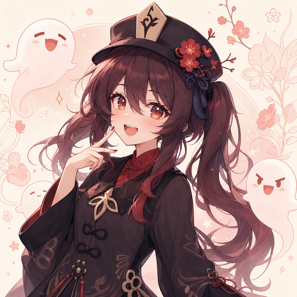 Whimsical anime-inspired character illustration with playful smile, flowing dark auburn hair, and soft pastel ghost-and-flower accents