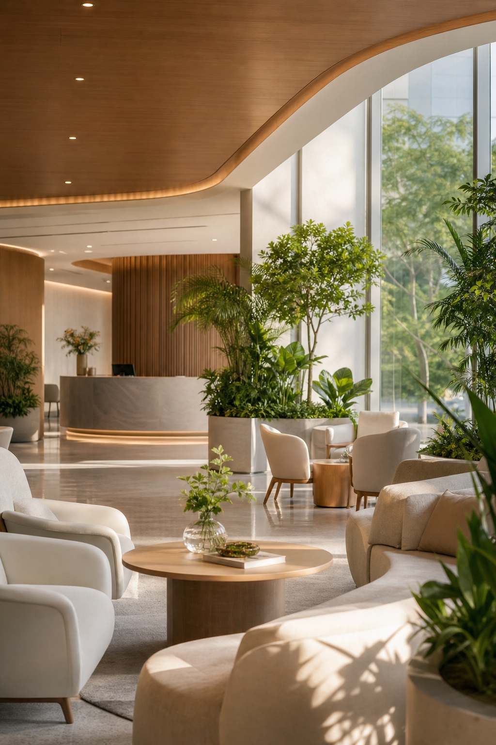 Calm hospital hospitality lounge with soft natural light, indoor greenery, warm seating, and a welcoming care desk