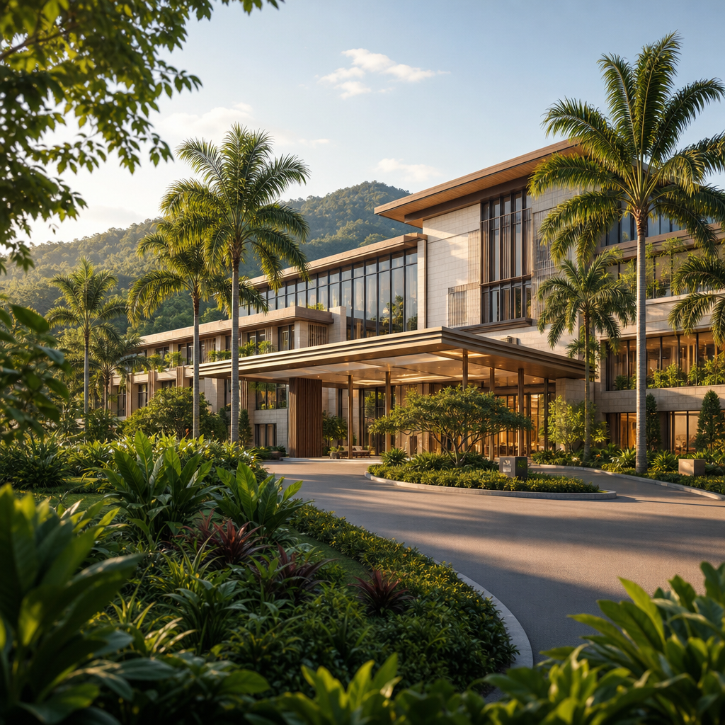 Montara hospital exterior architecture integrated with mature tropical greenery and warm natural light