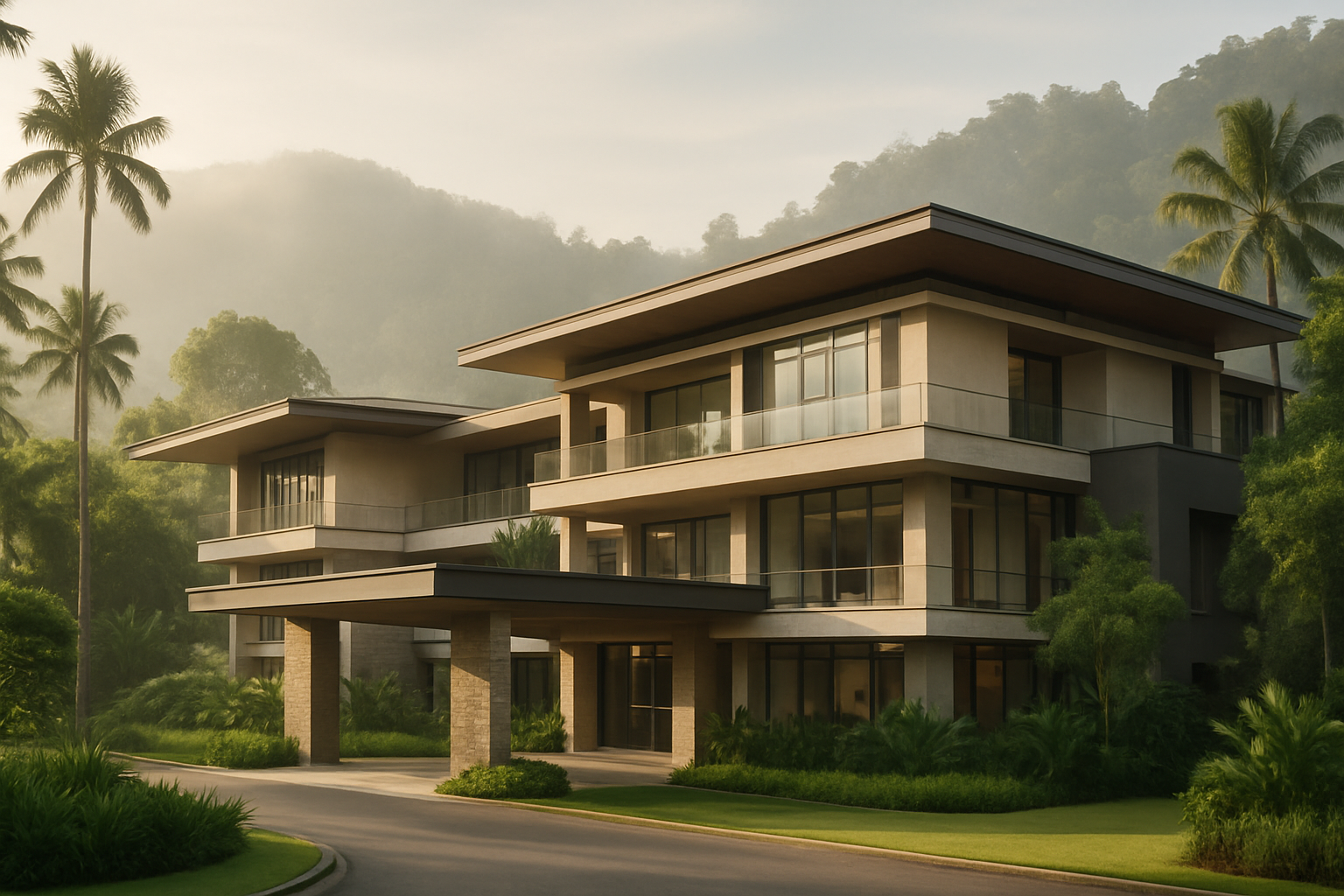 Wide cinematic view of a premium hospital in Janda Baik with elegant architecture, lush tropical greenery, and soft healing morning light