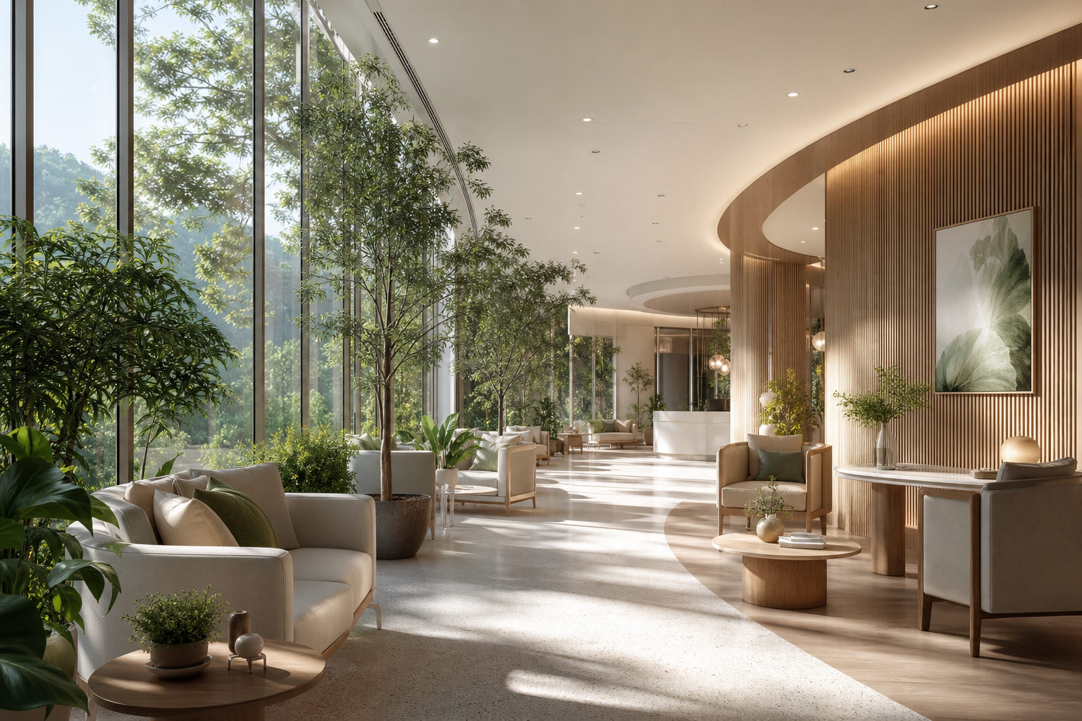 Tranquil interior healing lounge with soft daylight, timber textures, and comfortable seating
