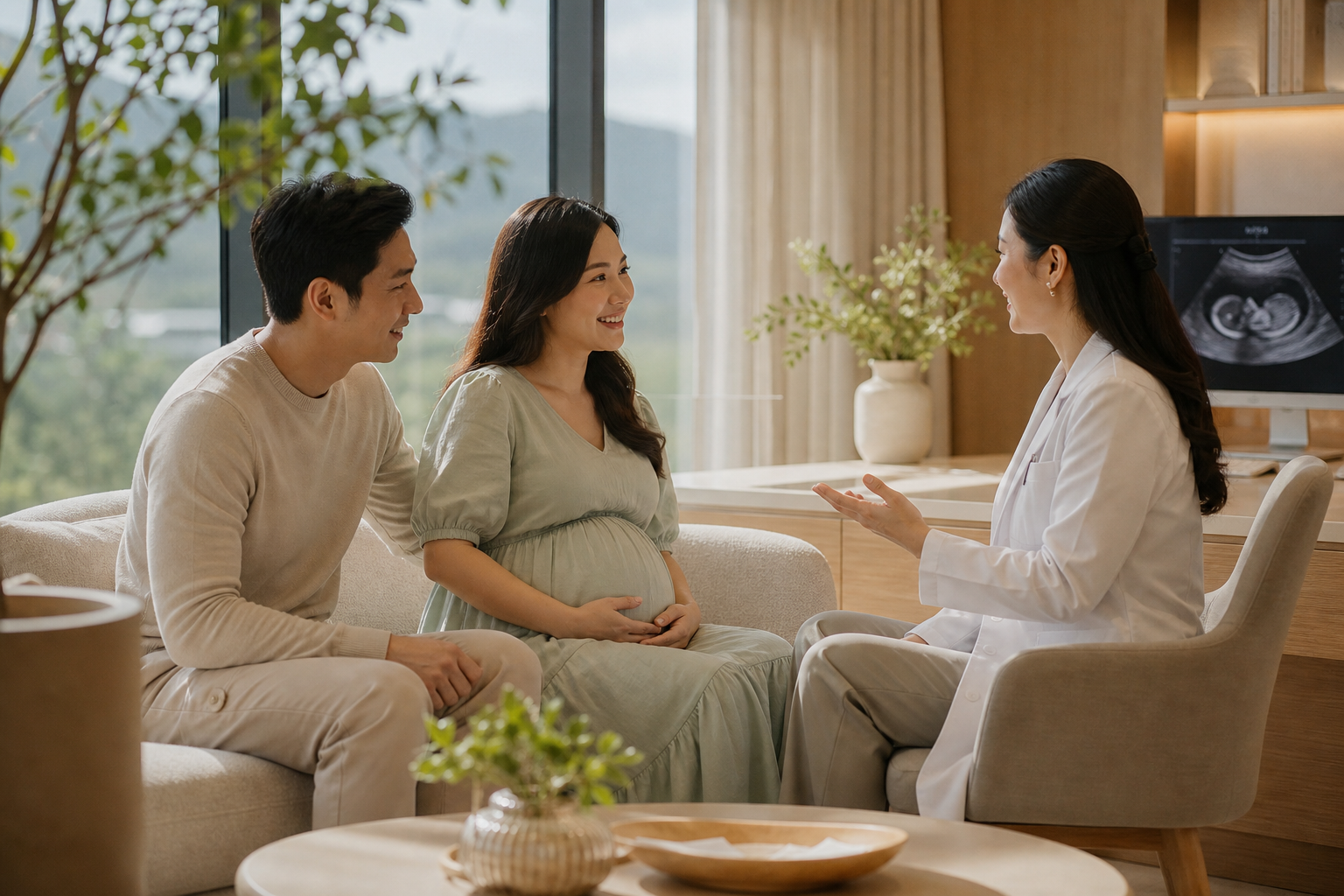 Expectant mother and partner meeting a caring clinician in a warm, sunlit maternity consultation suite with natural wood accents