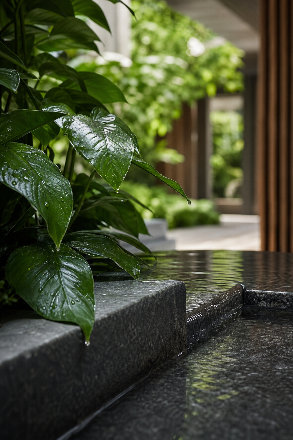 Quiet nature-connected detail featuring rain-kissed leaves beside a stone water feature