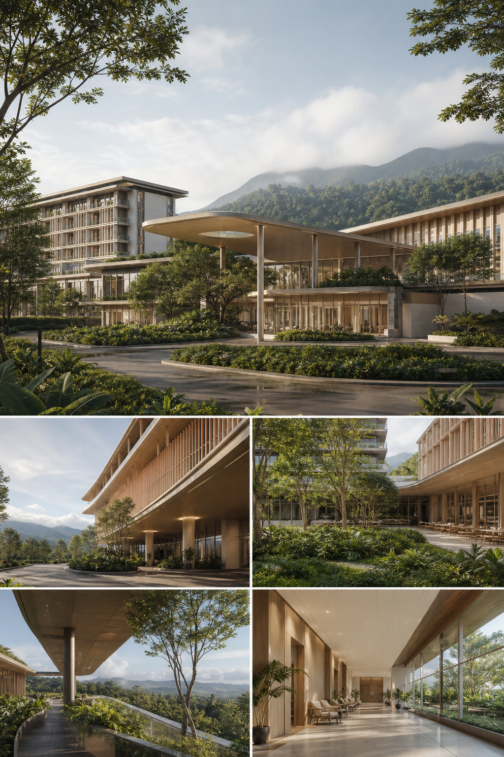 Architectural concept detail for Montara's planned premium hospital campus framed by tropical greenery in soft daylight