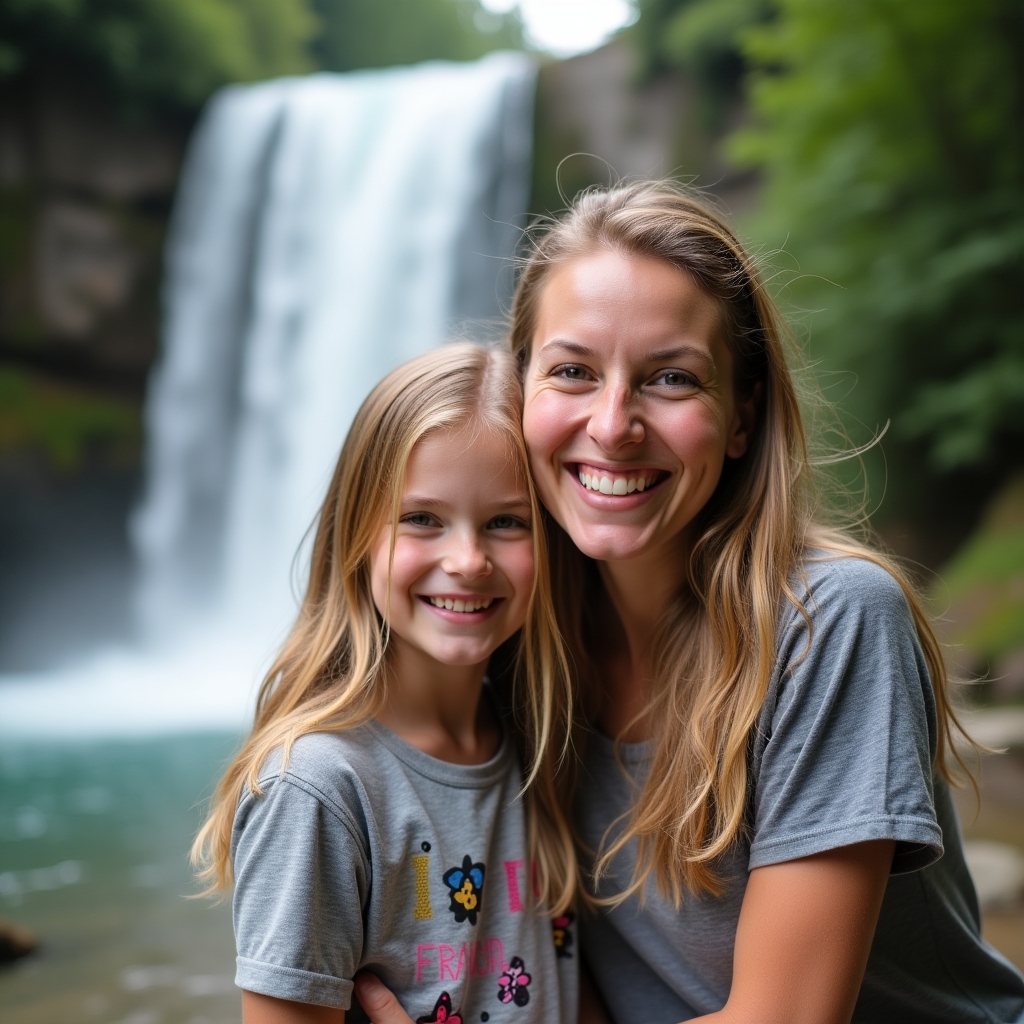Anna and daughter by a waterfall, both smiling