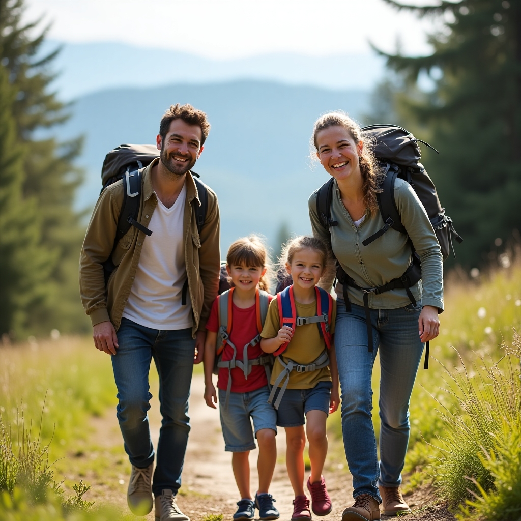 Happy family with two children, backpacks, mountain background