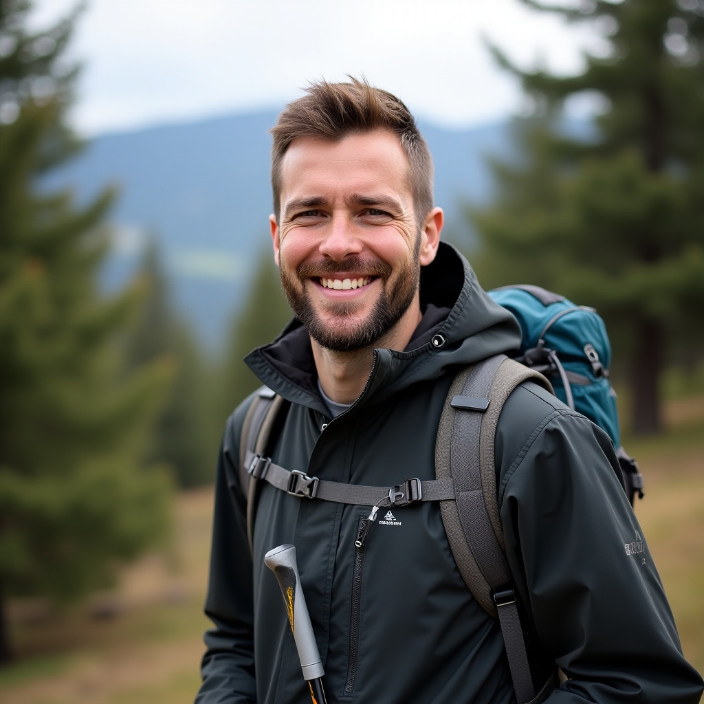 Marcin, cheerful hiker with trekking poles, Carpathian pines