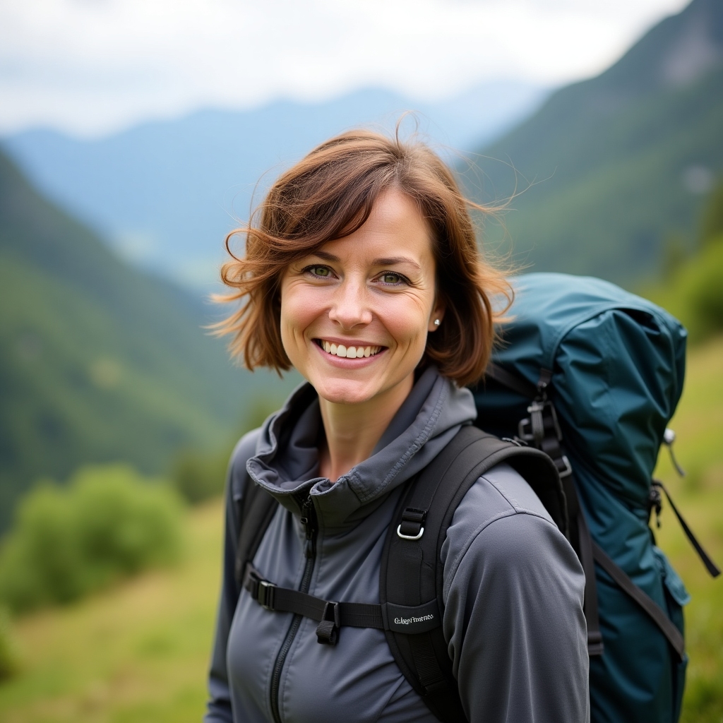 Olena, smiling in hiking gear, lush Carpathian scenery
