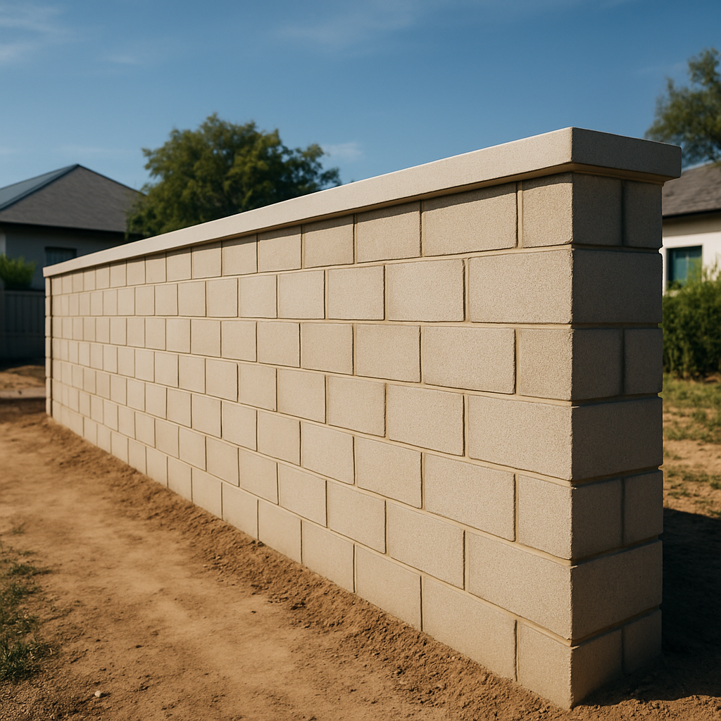 Boundary wall construction with concrete blocks, clean mortar joints, and fresh coping in a residential area