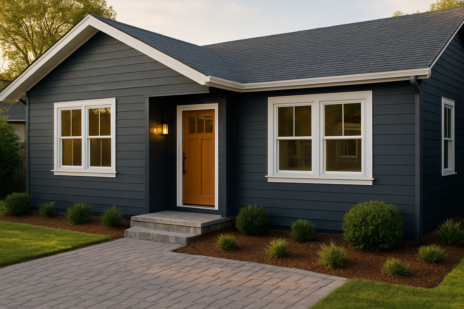 Renovated house exterior with fresh charcoal paint, new windows, and paved driveway