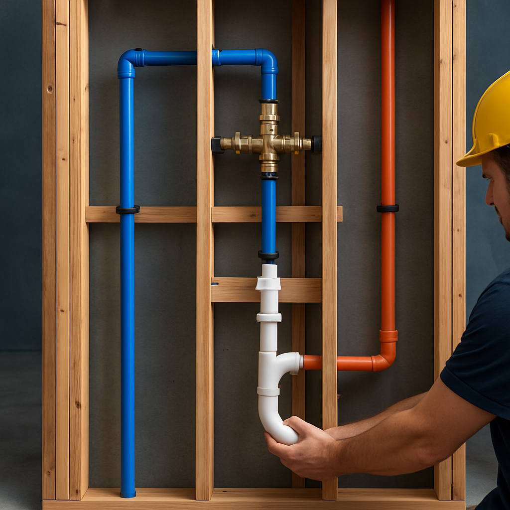Close-up of new copper and PVC plumbing installation in a clean utility room