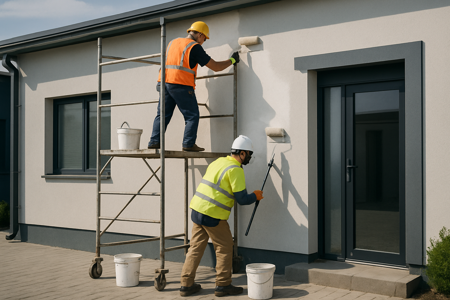 maintenance team repainting exterior walls of a small office building with scaffolding and safety gear