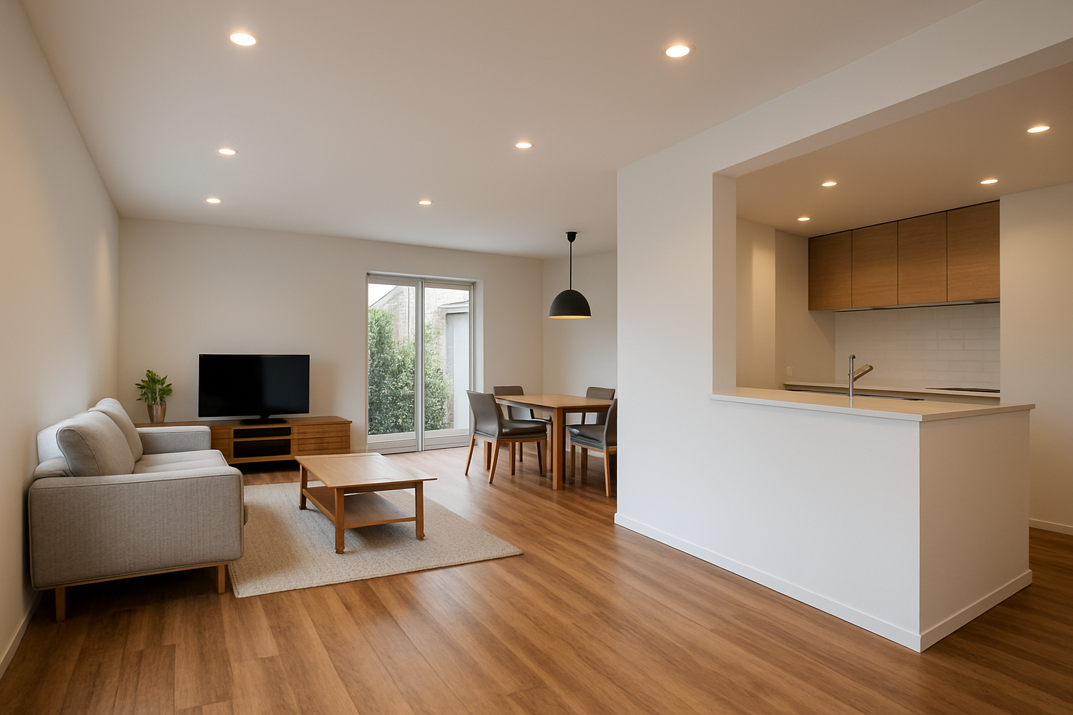 renovated open-plan living space with warm wood flooring, white walls, and new recessed lighting