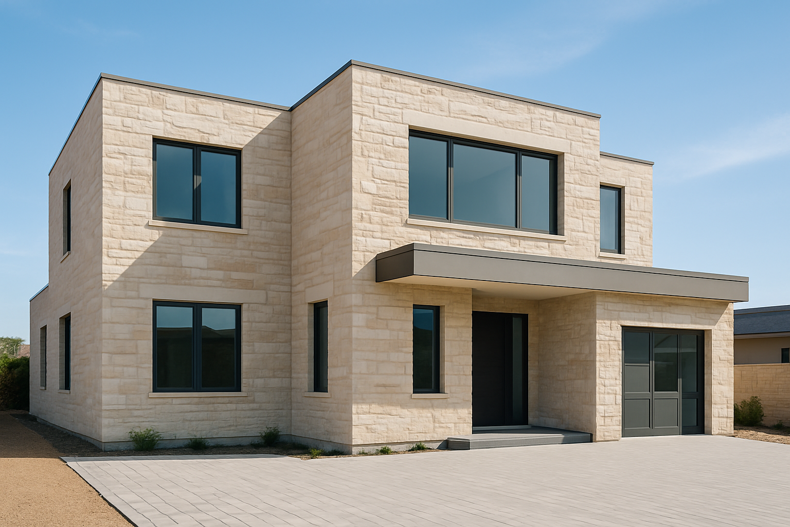 two-story modern residential home with light stone facade, wide windows, and a clean paved driveway under clear sky
