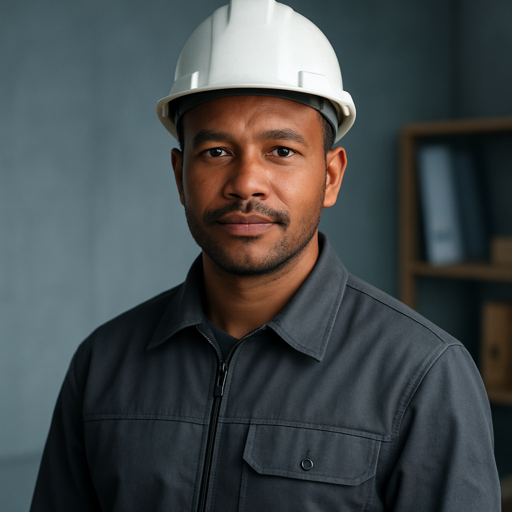 Quality control officer in a charcoal work jacket with safety helmet, professional portrait