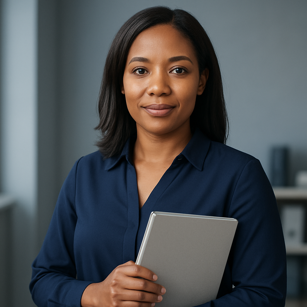 Operations coordinator in a navy blouse holding a site folder, professional portrait