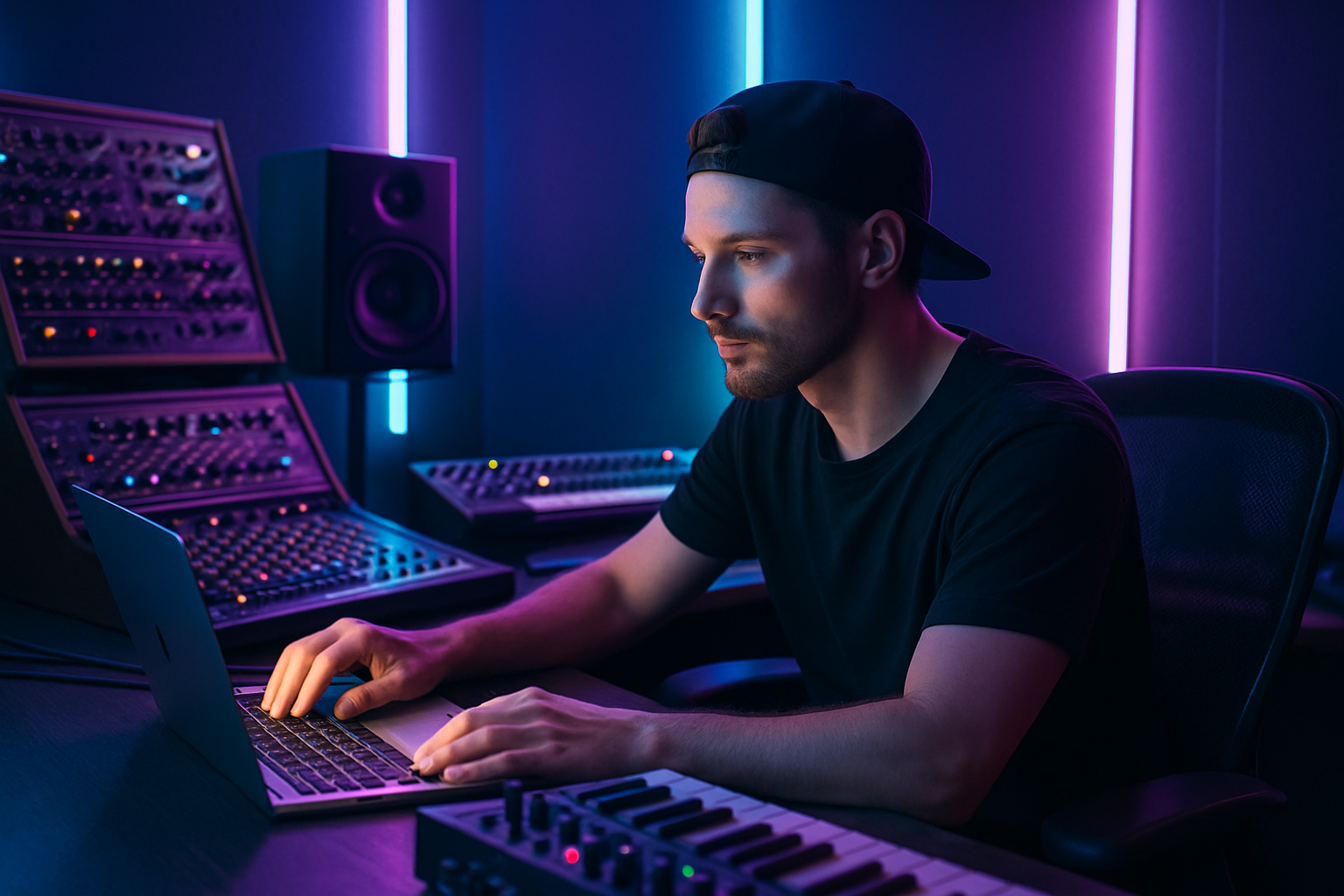 Music producer in a modern studio with neon accents