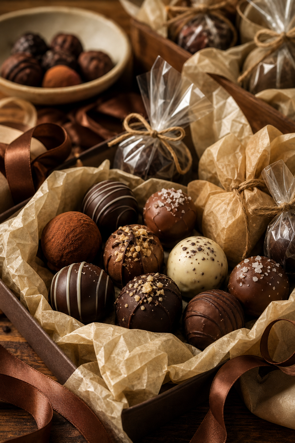 Gift-ready handmade chocolate truffles and wrapped confections arranged in a warm artisan presentation with ribbon and parchment details