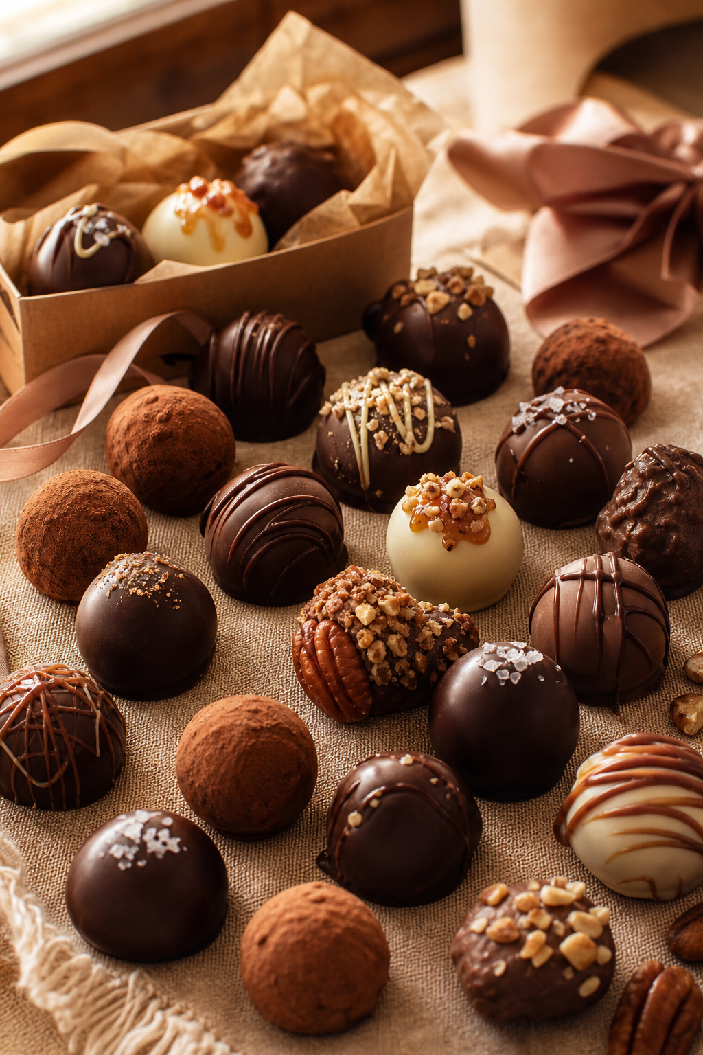 Arranged assortment of artisan chocolate truffles and confections in a warm styled presentation