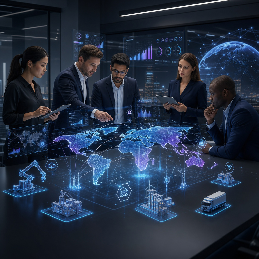 Global business team collaborating around a digital globe with connected industry icons