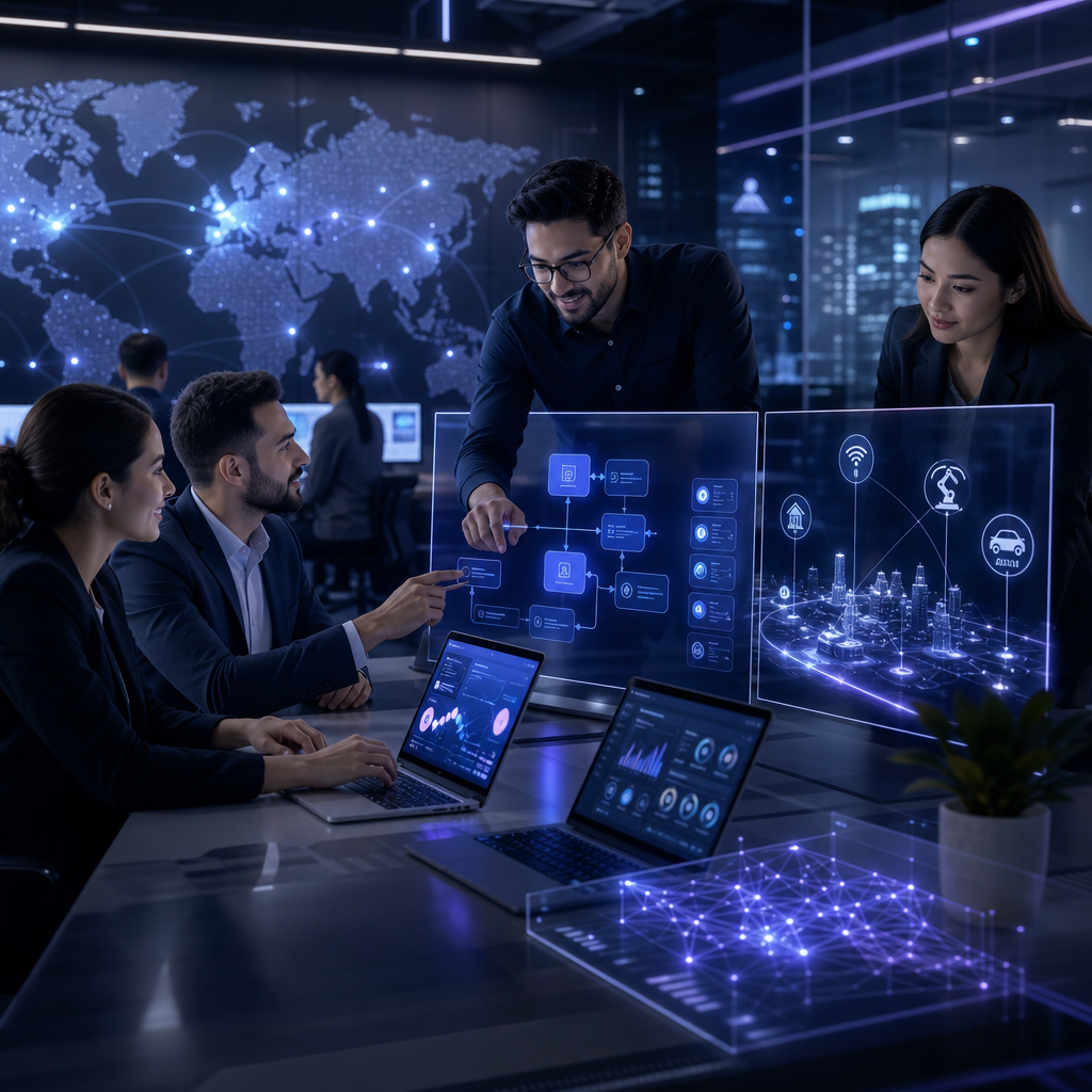 Consulting team reviewing a futuristic dashboard with AI workflow lanes and delivery milestones