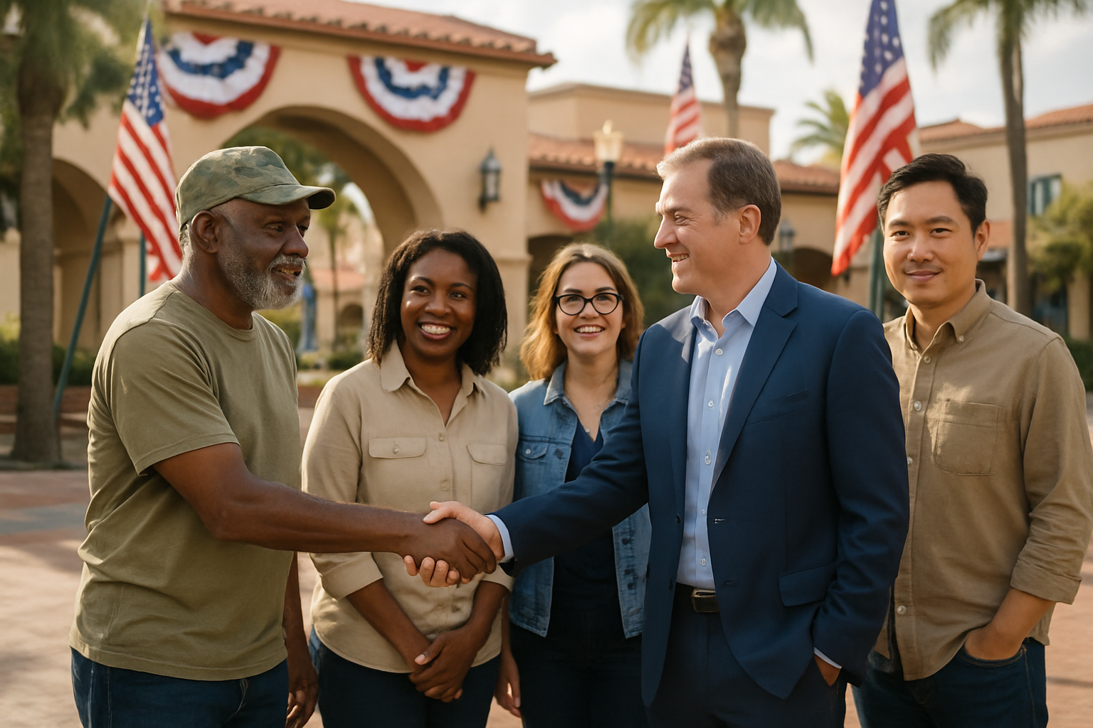 A diverse group of veterans and local business owners standing together in a San Diego community setting, smiling with patriotic banners in the background.