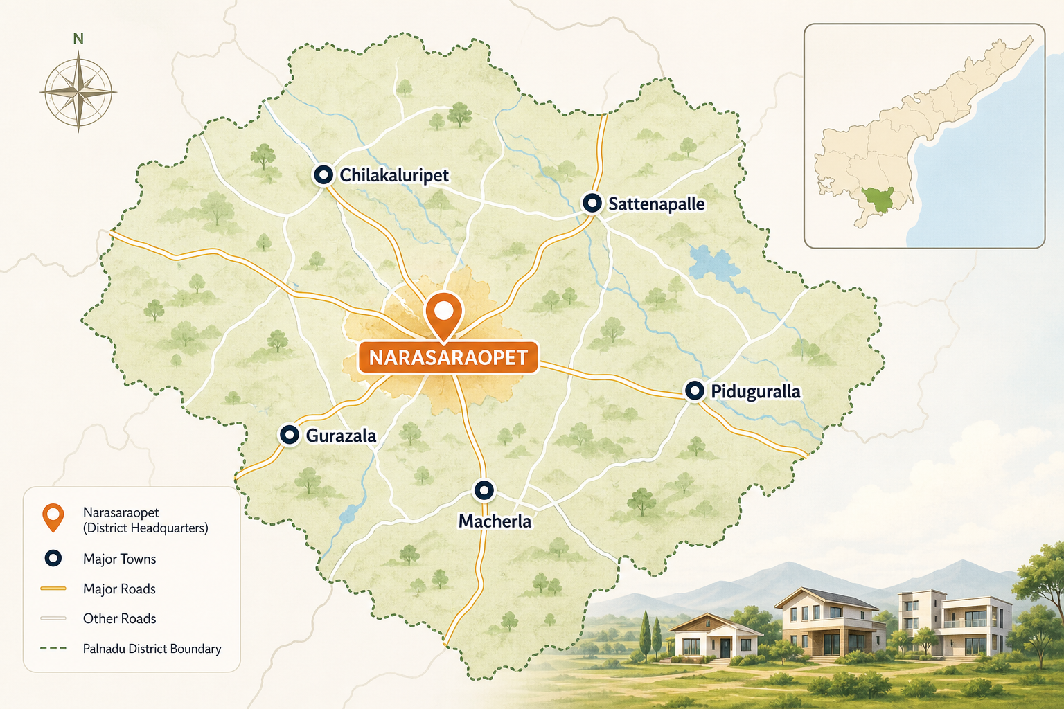 Illustrated map of Palnadu district highlighting Narasaraopet and nearby towns