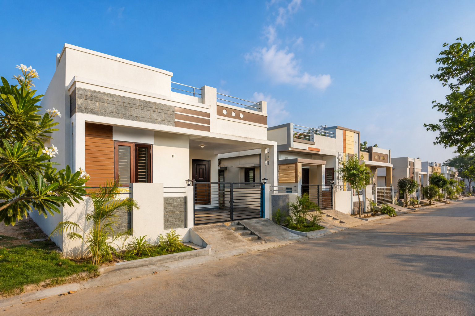 Modern affordable houses with clean facades in a calm residential neighborhood
