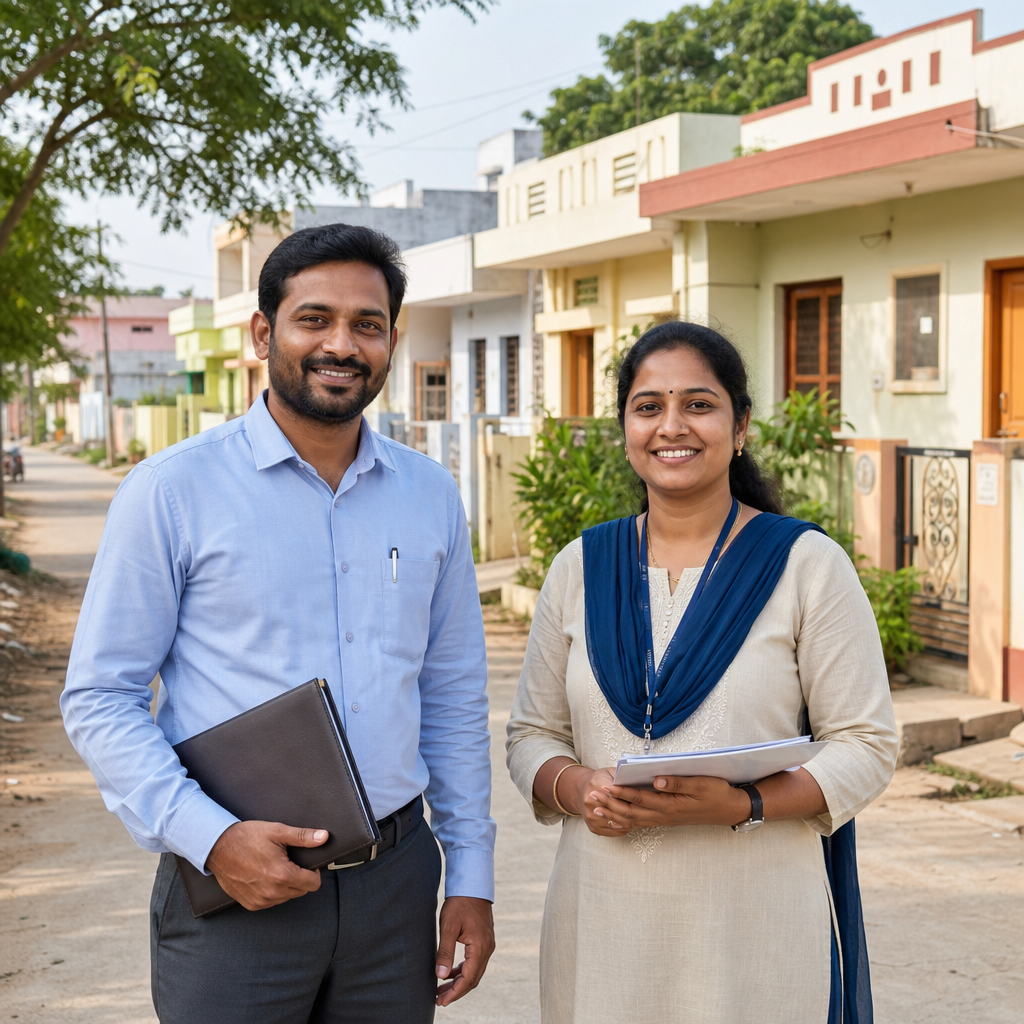 Friendly Simha Homes representatives standing near a small residential street in Narasaraopet