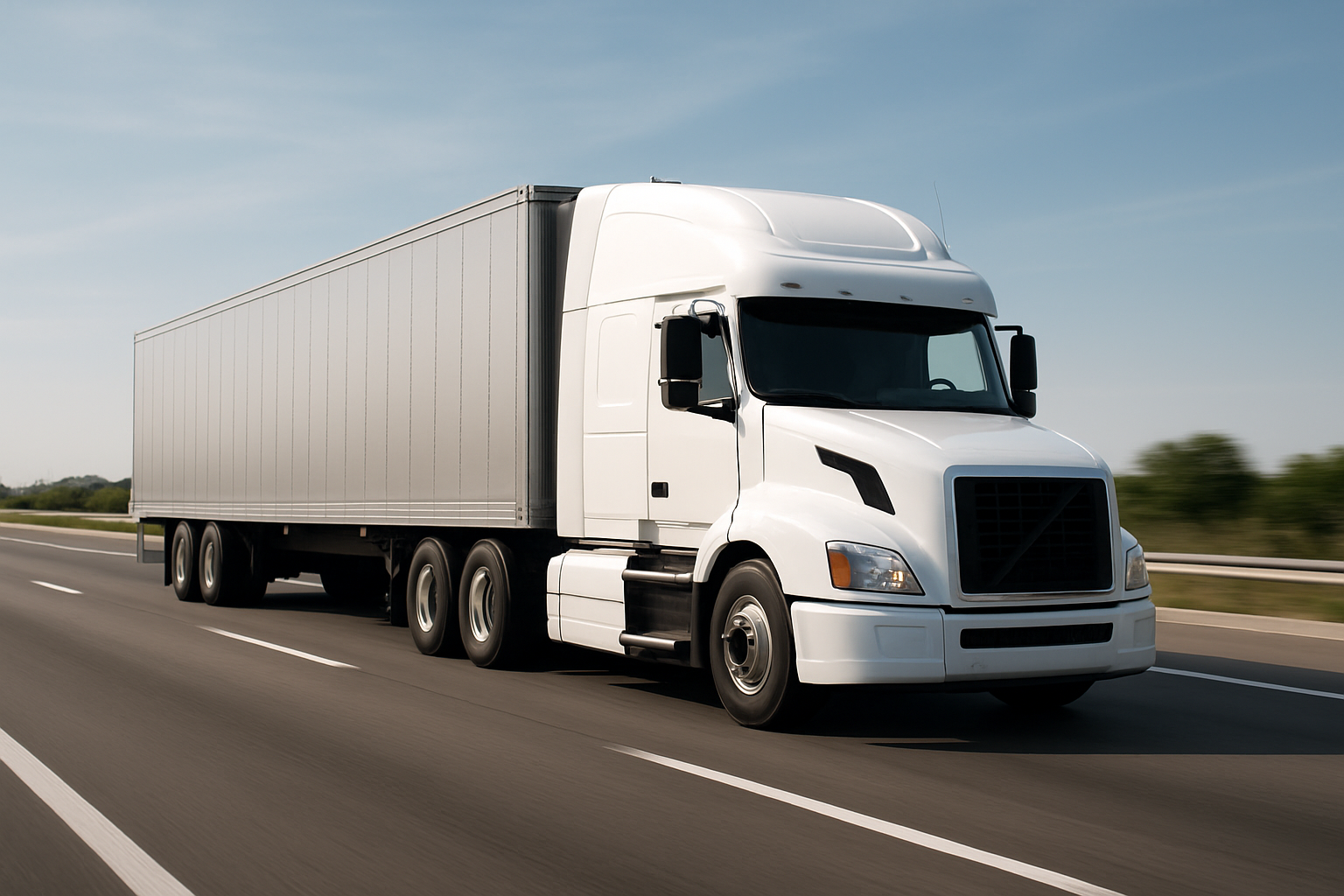 Modern white semi-truck with a long gray trailer driving on a clean highway, representing reliable nationwide freight shipping
