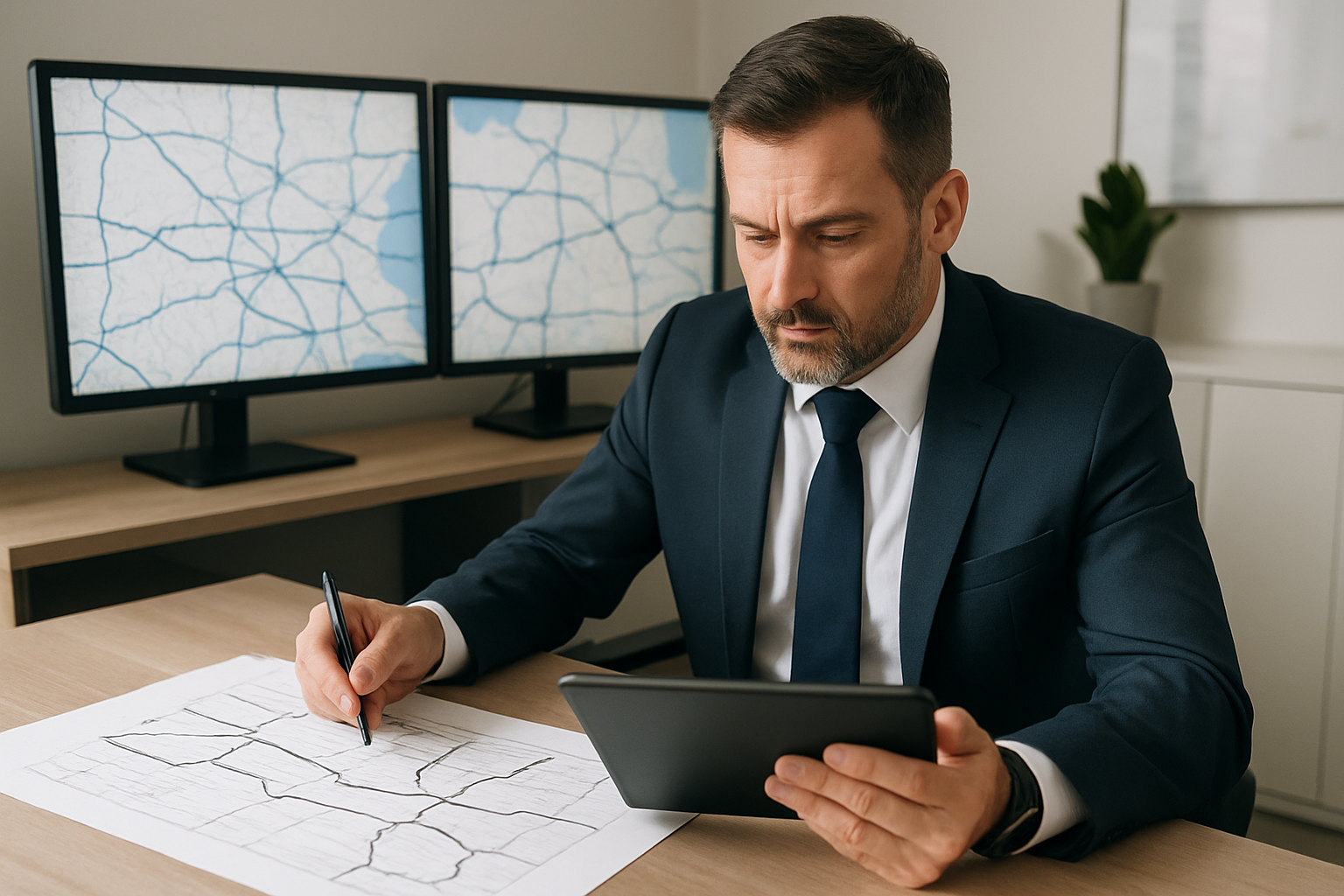 Dispatch manager reviewing a trucking logistics schedule with route maps and tablet in a modern operations office