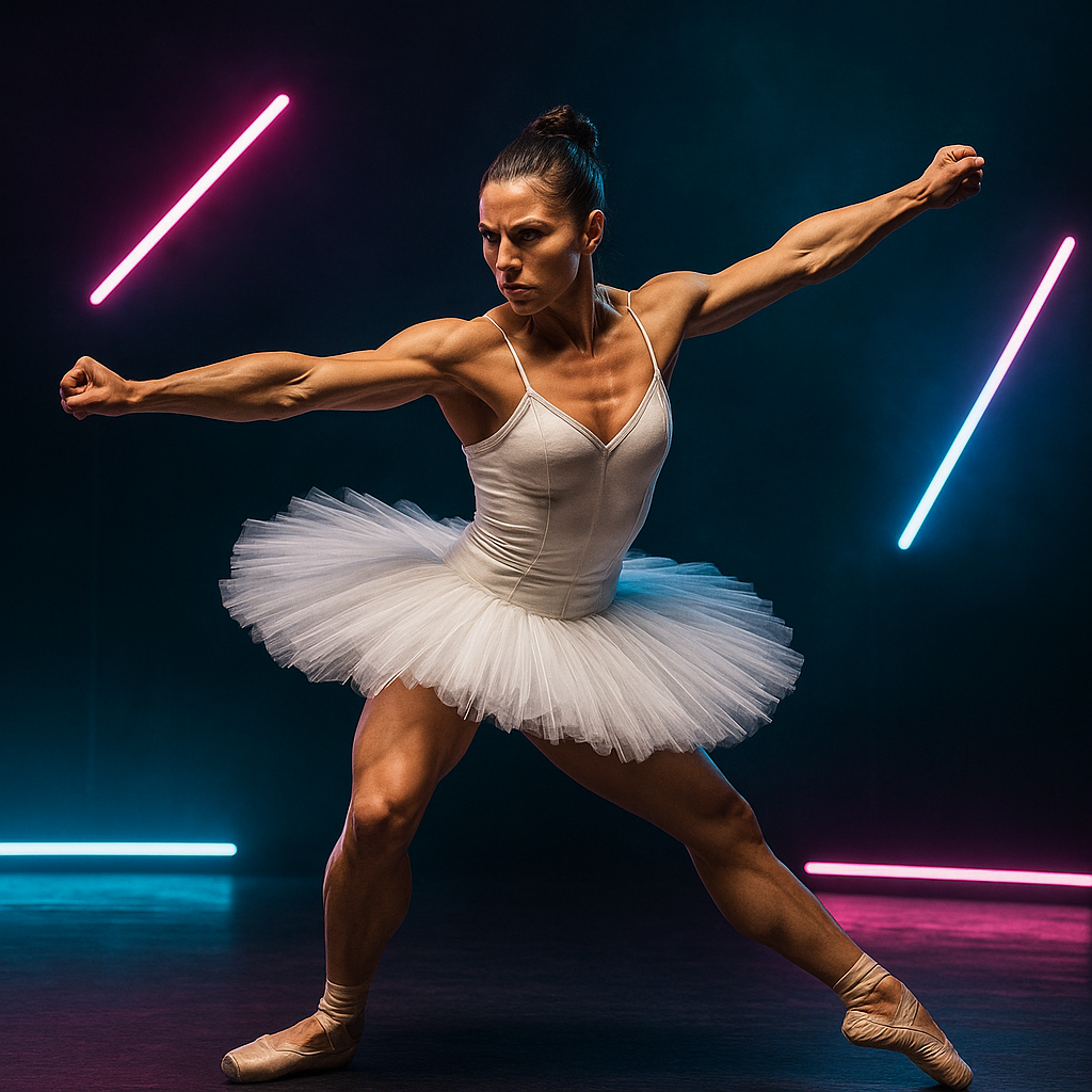 Ballerina mid-spin with arms in dramatic pose, stage lighting, neon accents