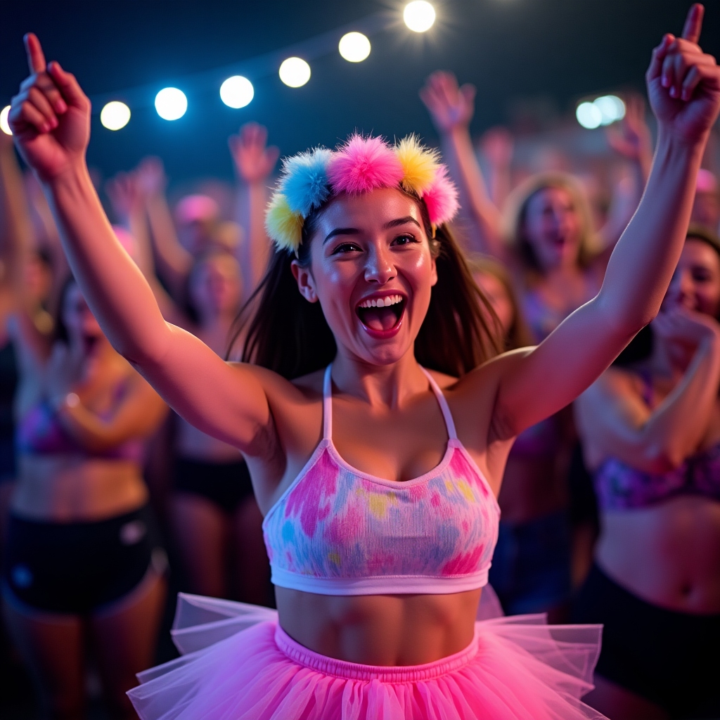 Excited fan in a tutu and headband mid-cheer