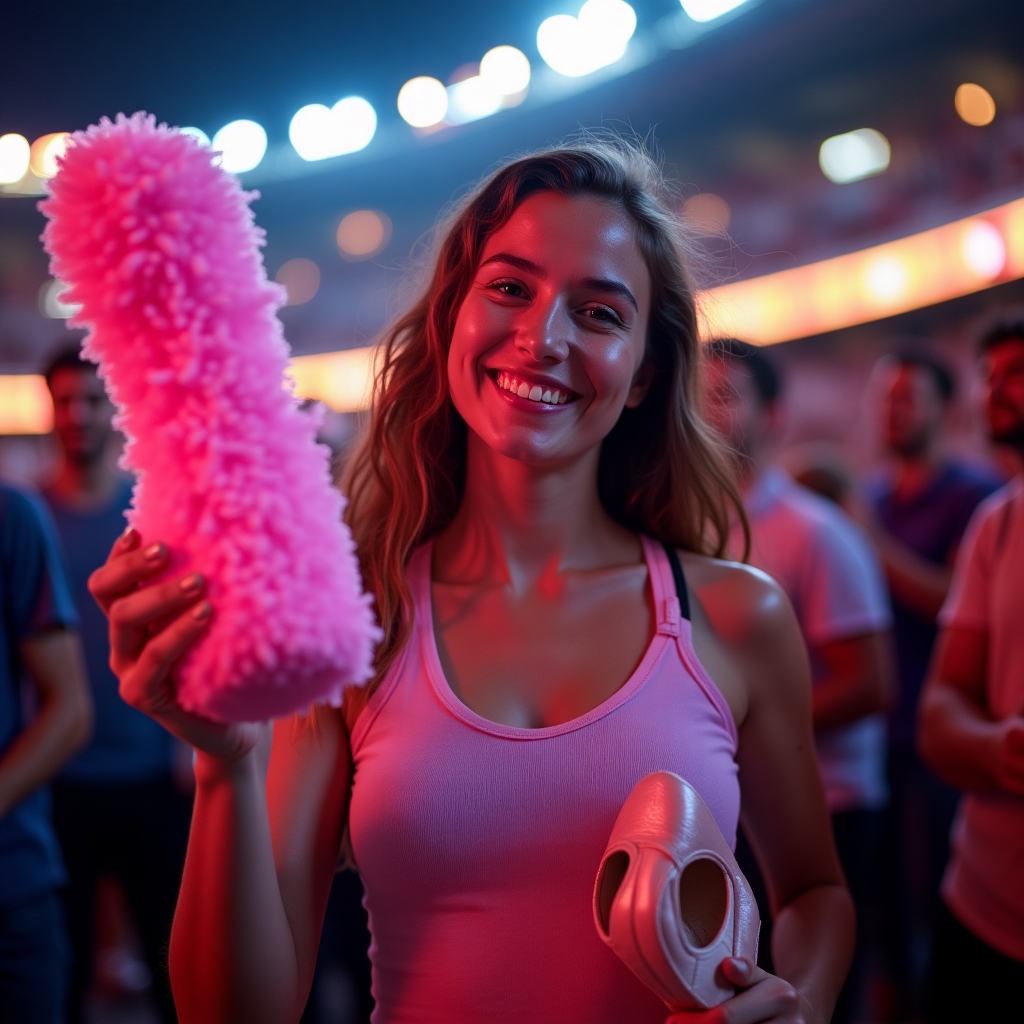 Smiling fan holding ballet shoes and foam finger