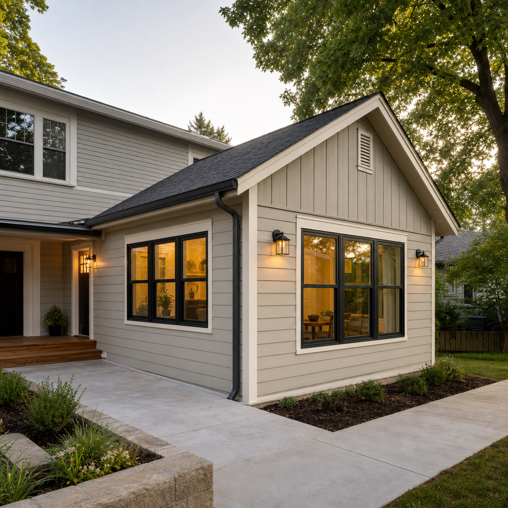 Residential home addition with a new gabled extension, matching siding, and framed windows
