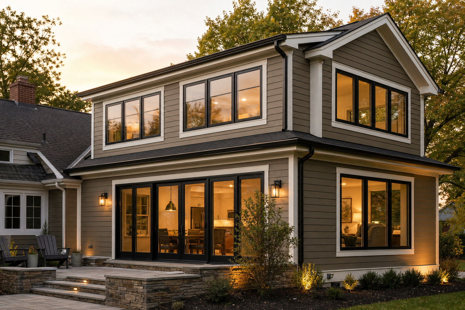 Two-story home addition with matching siding, large windows, and seamless roofline