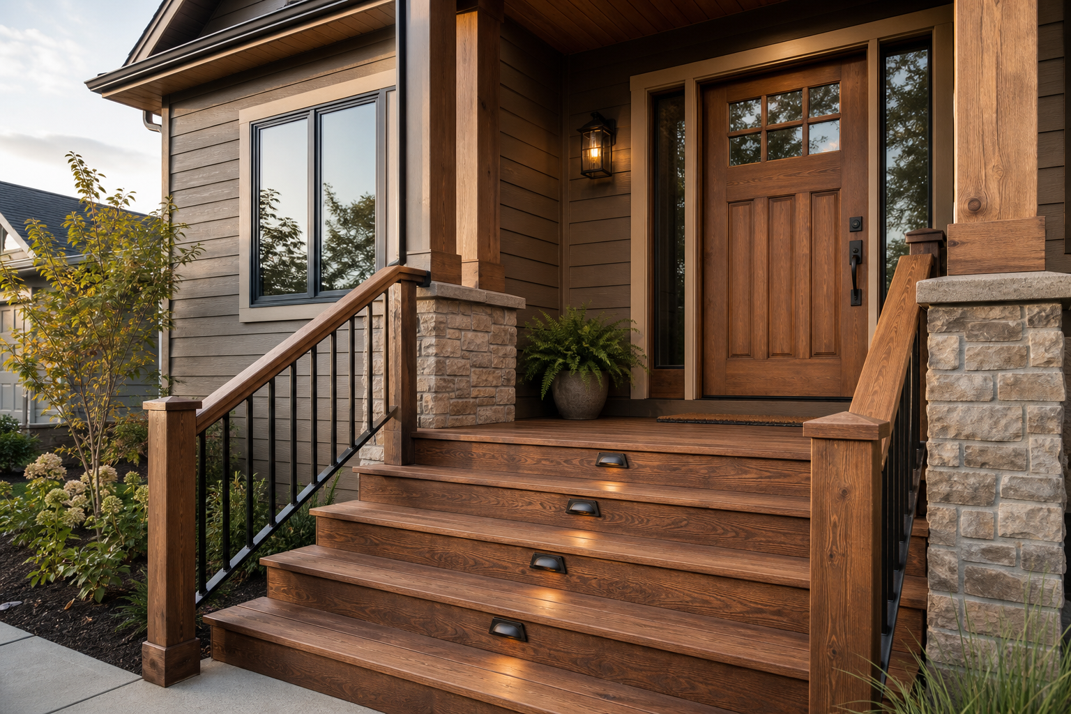 Refinished entryway with wood steps, new railing, and updated front door