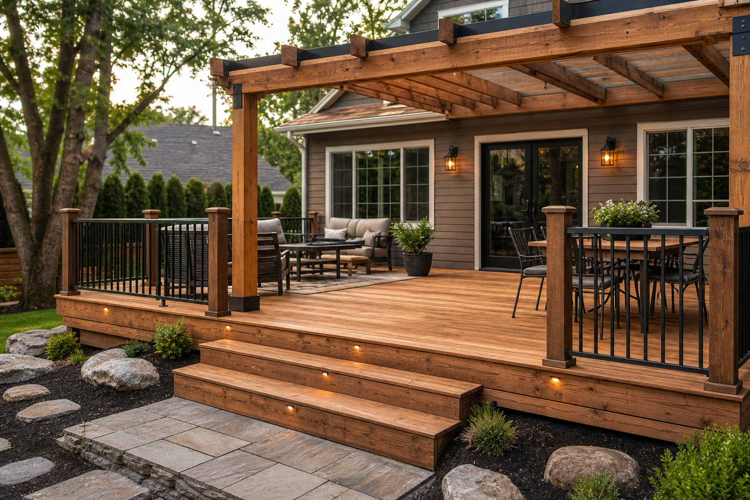 Cedar deck rebuild with pergola posts and black metal railing