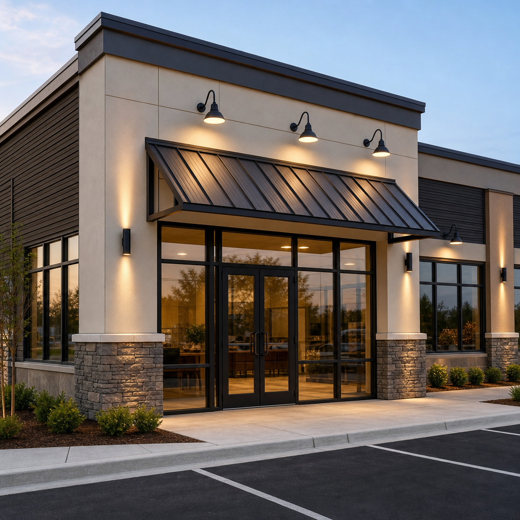 Upgraded commercial storefront with metal awning, glass entry, and freshly finished facade