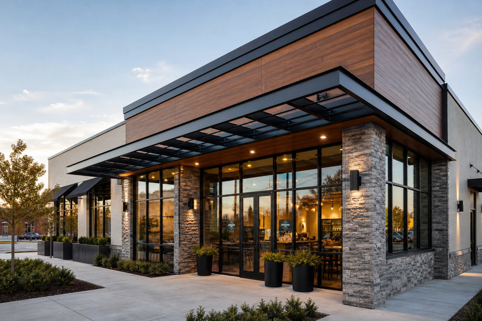 Modern commercial storefront renovation with glass facade, steel canopy, and new signage