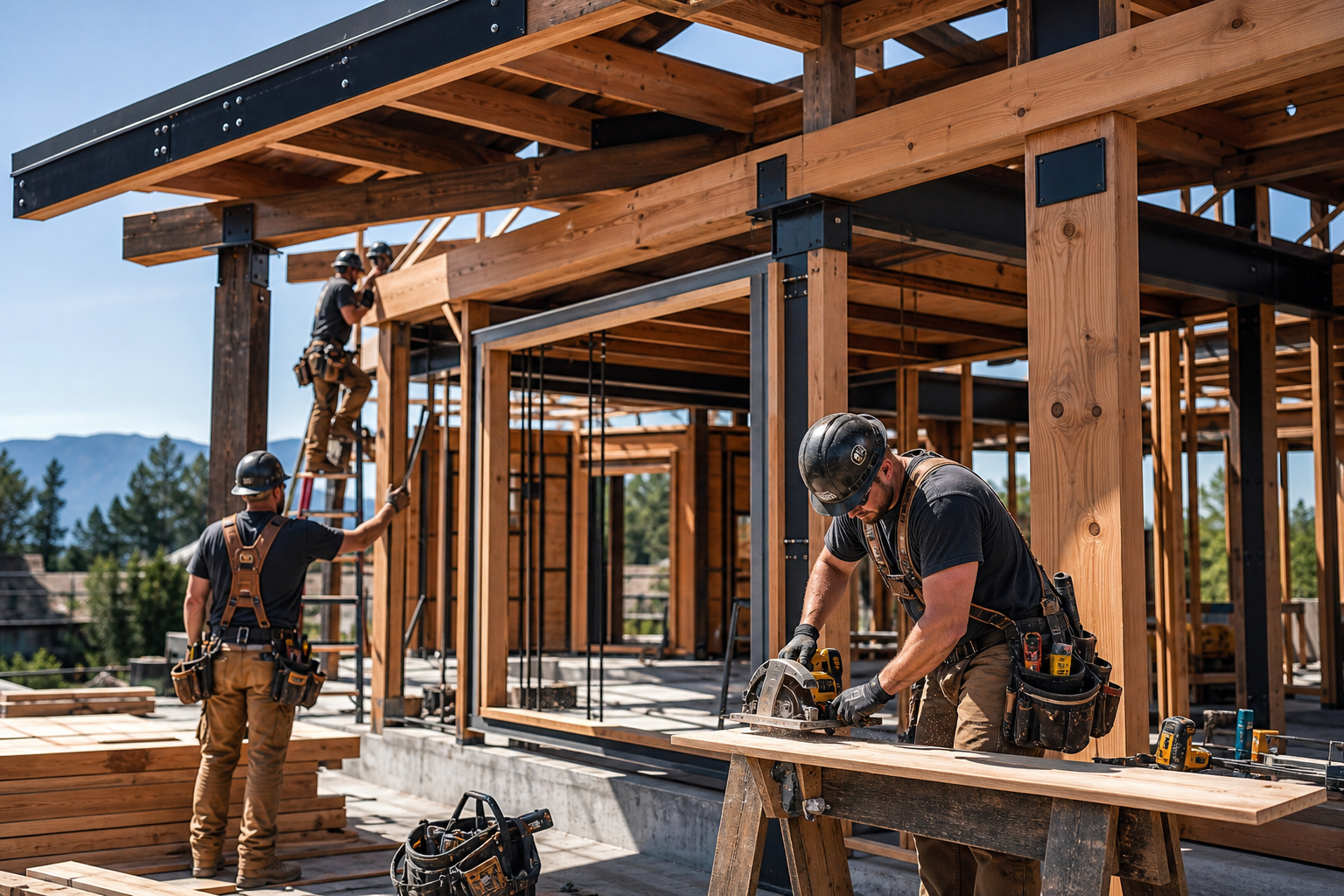 Skilled construction crew framing a modern building with timber beams, steel accents, and professional tools on a clear day