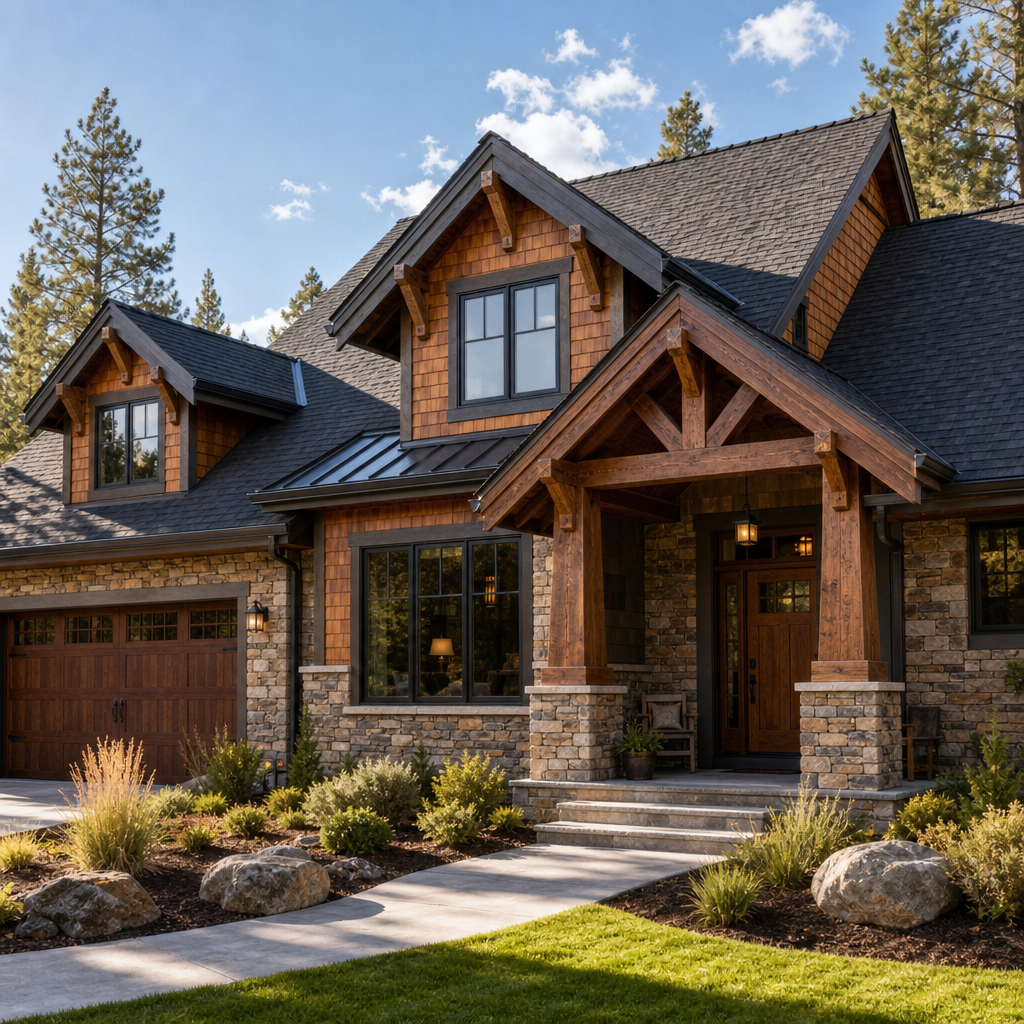 Craftsman-style custom home exterior with stone accents, warm wood siding, and a landscaped front yard