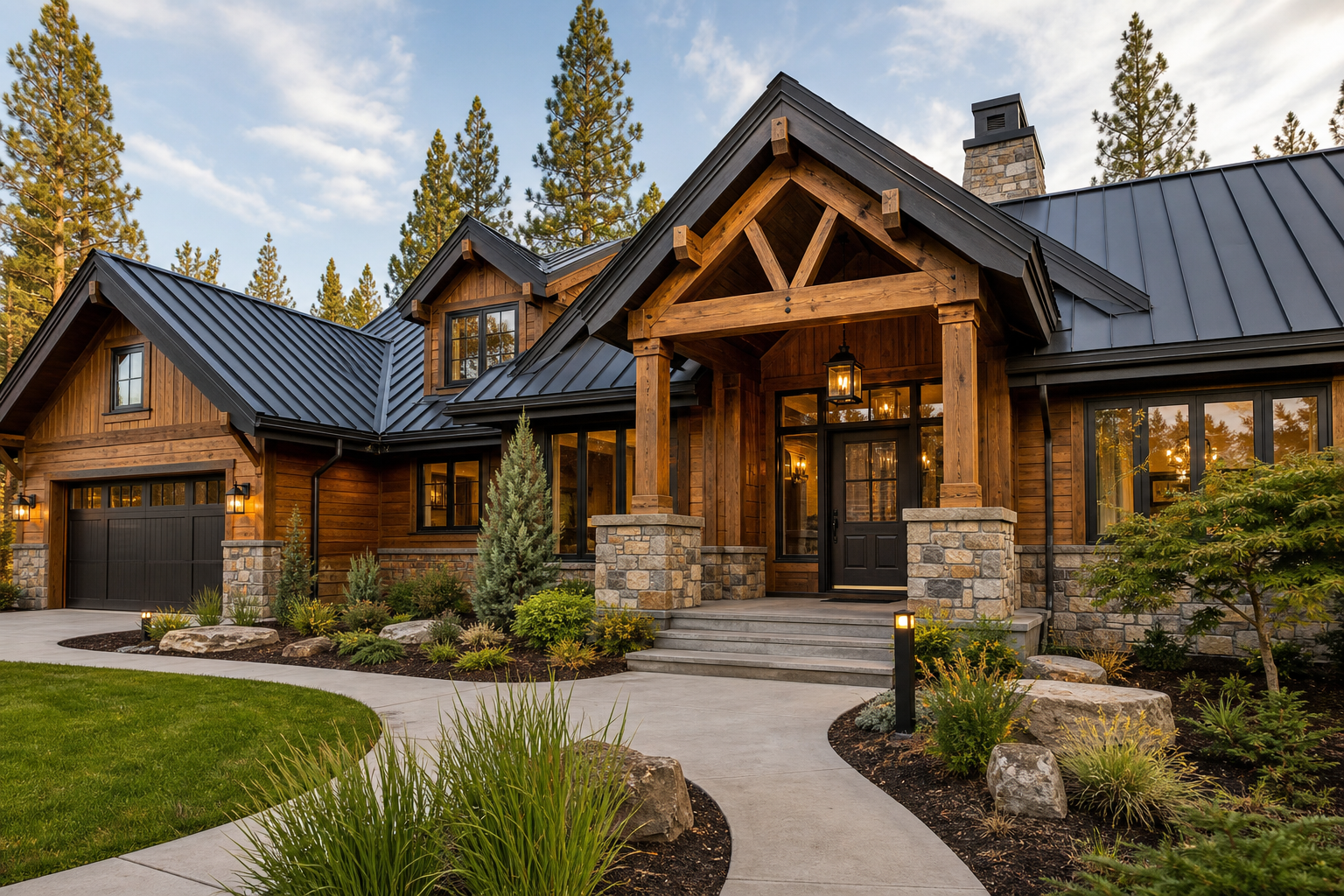 Craftsman-style custom home with cedar siding, black metal roof, and stone entryway