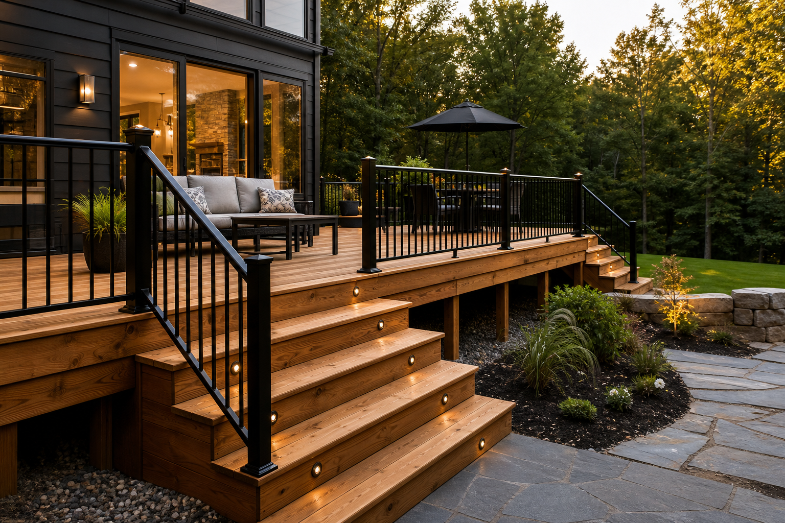 Multi-level cedar deck with black railing overlooking a landscaped backyard