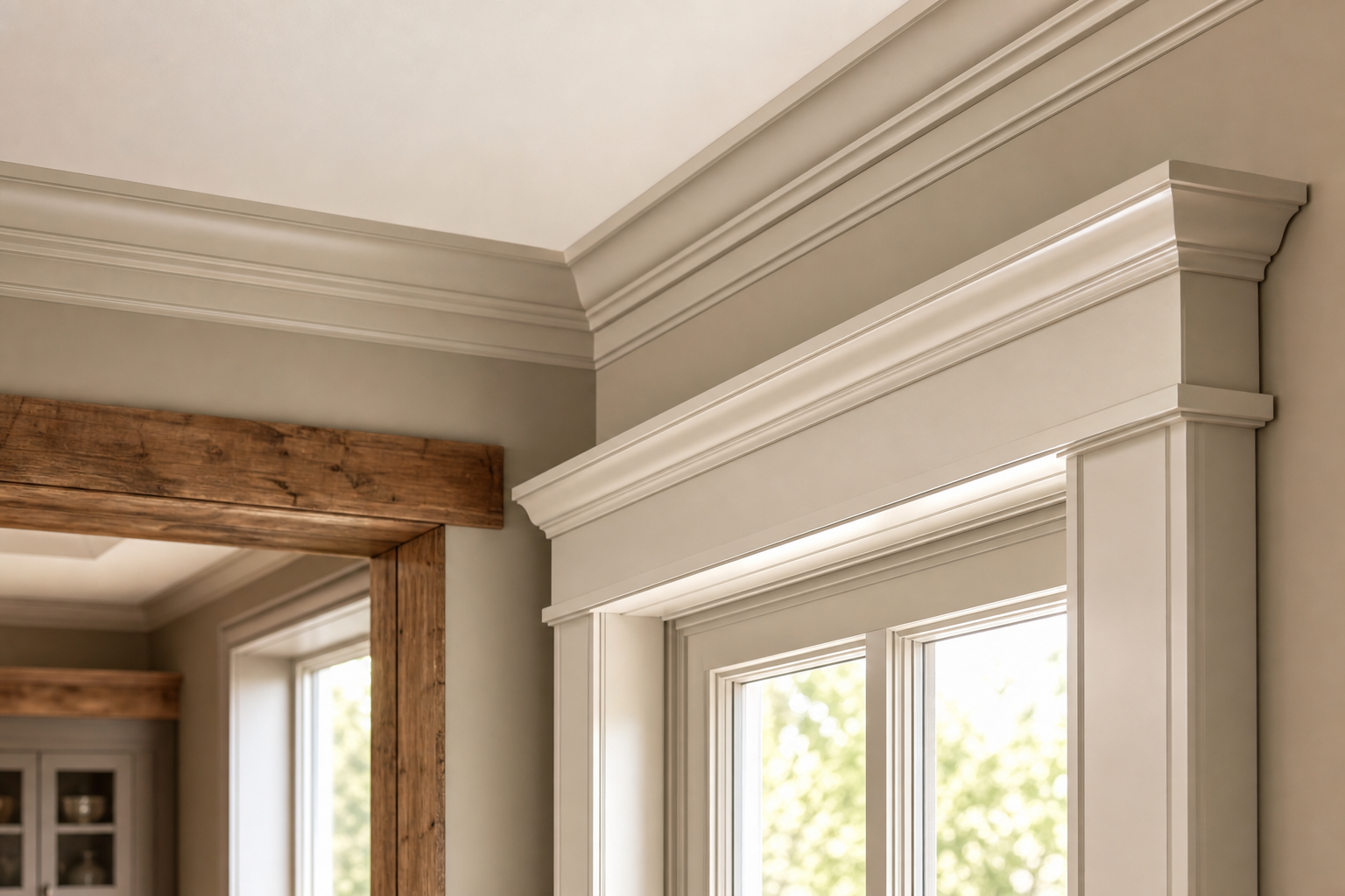 Restored interior trim with detailed crown molding and window casings